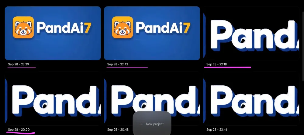 Multiple Veo AI video generation attempts across different projects for the PandAi7 advertisement